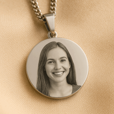 Pendentif Souvenir en Acier Inoxydable Gravé – Photo Recto & Texte Verso